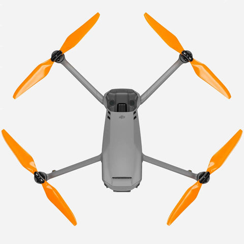 DJI drone with orange Stealth Propellers For DJI Mavic 3 Series Orange 4 Pack Low Noise Up To 2 dB Reduction And 37 Percent Sound Power Reduction Plus About 2 Minutes Longer Flight Time And Improved Efficiency.