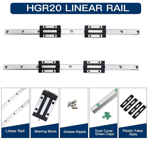 Complete 300mm Linear Rail Kit With HGR20 Guides And SFU1204 Ball Screw, 4 Bearing Blocks, End Machined Nut, Metal Deflector, Perfect For DIY CNC Routers And Motion Systems. HGR20 linear rail kit with two rails, four bearing blocks, grease nipple and covers