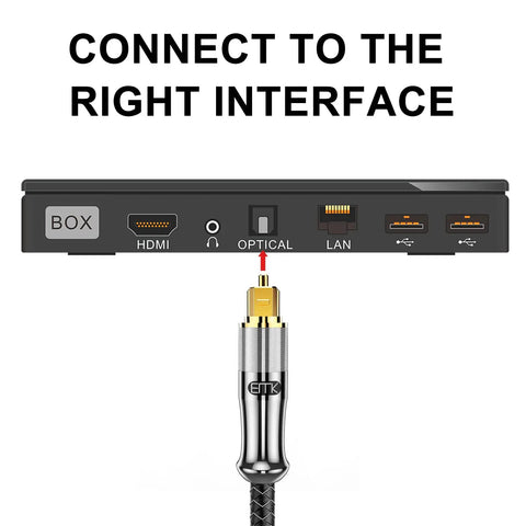 Solid 24K Gold Plated Toslink Optical Audio Cable 10 Feet High Speed Digital Fiber Optic SPDIF Cord connects to optical interface.