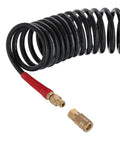 Lightweight Polyurethane Recoil Air Hose Three Eighth Inch Lite Five Sixteen Inch Fifty Feet With One Quarter Inch MNPT Quick Coupler Connector Brass I M Style Plug Heavy Duty All Weather Bend Restrictors For Home Garage And Workshop showing coiled black hose with red bend restrictor and brass connectors