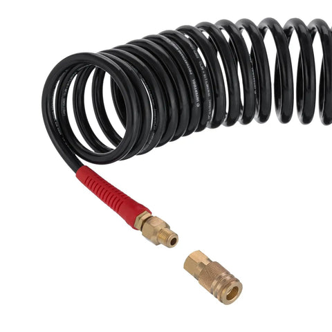 Lightweight Polyurethane Recoil Air Hose Three Eighth Inch Lite Five Sixteen Inch Fifty Feet With One Quarter Inch MNPT Quick Coupler Connector Brass I M Style Plug Heavy Duty All Weather Bend Restrictors For Home Garage And Workshop showing coiled black hose with red bend restrictor and brass connectors