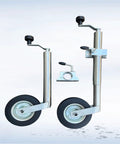 Heavy Duty Swivel Boat Trailer Jack Wheel - Foldable Lift Stand With Rustproof Galvanized Finish, 330 Lb Capacity, solid pipe clamp and dual wheels.