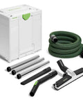Heavy Duty Workshop Floor Cleaning Set With High Suction D36 Hose Crevice Nozzle For Tight Spots Includes Systainer 5 T Loc Storage Case Powerful Dust And Debris Pickup For Clean Floors And Benches displayed with hose, attachments, and storage case.