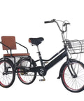 Black Dual Seat Pedal Tricycle For Kids And Adults, Tandem Cruiser With Rear Passenger Seat and 20 Inch Pneumatic Tire