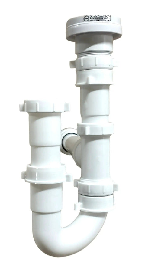 White Air Admittance Valve Trap Assembly Kit with One and a Half Inch Vent for kitchen and bathroom sinks installation.
