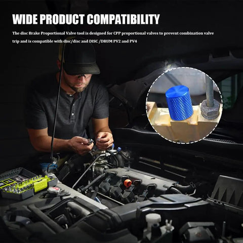 Mechanic using Drum And Disc Brake Proportioning Valve Bleeder Tool Set For PV2 PV4 in car engine bay for brake maintenance.