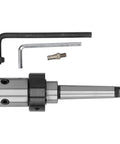 Front view of 4-piece metal arbor set: Morse taper R8 MT2-19.05mm drill adapter with two hex keys and small fitting