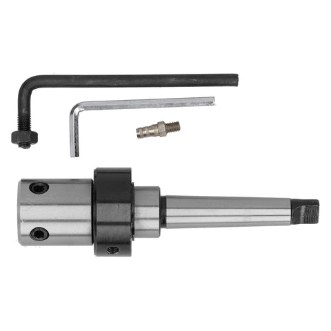 Front view of 4-piece metal arbor set: Morse taper R8 MT2-19.05mm drill adapter with two hex keys and small fitting