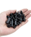 Hand holding M8x25mm black barrel nuts from Zero Sweat Assembly 100 pack for woodworking and mechanical assembly.