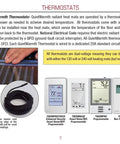 Display showing 7 Day Programmable Radiant Floor Thermostat with Built In GFCI for 120V or 240V Heat and floor sensor coil.