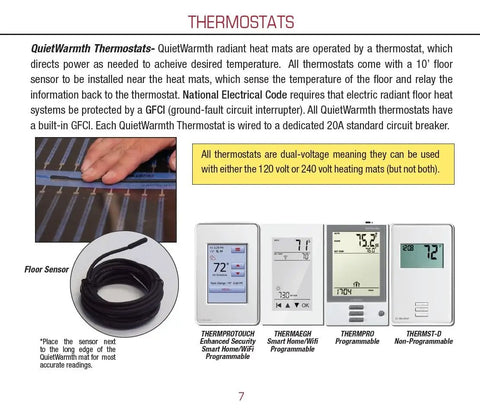 Display showing 7 Day Programmable Radiant Floor Thermostat with Built In GFCI for 120V or 240V Heat and floor sensor coil.