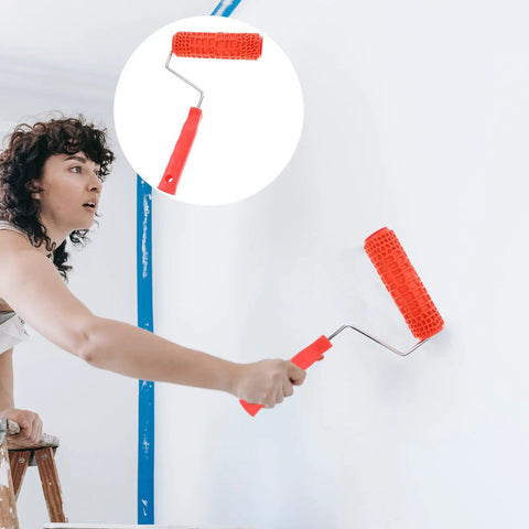 A woman using a Decorative Texture Roller With Handle for Faux Wood Wall Finish Painting to create embossed patterns on a wall.