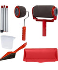 Six Piece Pour And Go Paint Roller Set Featuring Leak Proof Lid Drip Free Design No Sweat Wall Deck Ceiling And Furniture Update Tools with tools in red and gray.