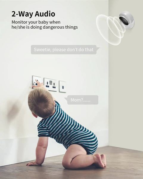 1080P Indoor Baby Cam With Audio And Night Vision Nanny And Pet Surveillance Camera monitoring crawling baby near socket