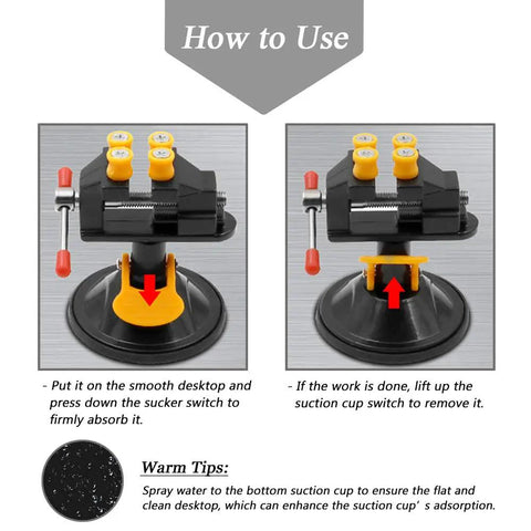 Universal Mini Drill Press Vise With Suction Cup Base 360 Degree Rotation shown on smooth desktop surface.