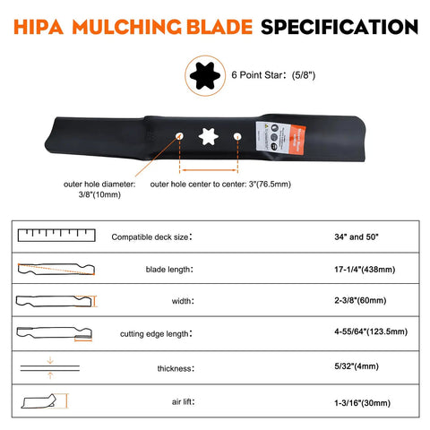 3 Pack High Lift Mower Blades 6 Point Star Set For 50 Inch Deck Riding Mowers ZT1 ZT2 diagram with specifications
