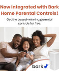 Family using phone with Bark Home parental controls, near 6 Mesh WiFi System With WiFi 6 AX1800 For Homes Up To 4000 Sq Ft 2 Pack