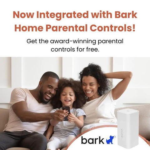 Family using phone with Bark Home parental controls, near 6 Mesh WiFi System With WiFi 6 AX1800 For Homes Up To 4000 Sq Ft 2 Pack