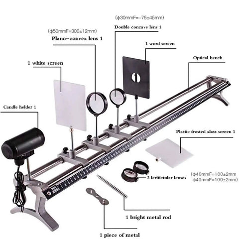 Optical Bench Setup With Convex Lens Imaging Kit For Physics Lab Experiments Includes Light Path Refraction And Divergence Demonstrations Precise Parallel Bar Bench With Gear And Accessories showing lenses, screens, and lamp