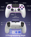Front and back view of Multiplatform Wireless Gamepad for PS5 Pro PC Mac iOS Android 10 Steam Deck with labeled buttons and ports.
