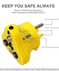 Yellow ESD plug with grounding pin, live neutral pin, safety resistance, part of 4 In 1 ESD Grounding Kit With Anti Static Wrist Strap.