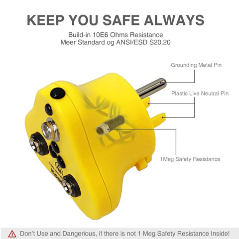 Yellow ESD plug with grounding pin, live neutral pin, safety resistance, part of 4 In 1 ESD Grounding Kit With Anti Static Wrist Strap.