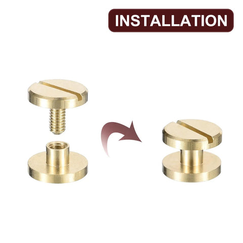 Installation view of Heavy Duty Brass Chicago Screws 30 Pack Flat Head Binding Posts For Leather Crafting and Belt Straps.