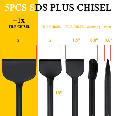 5 Piece SDS Plus Tile Removal Chisel Set For Rotary Hammers With Wide Bent Angled Tips Grooving And Point Chisels For Masonry Concrete