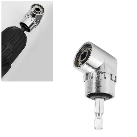 Screwdriver bit adapter, 105° right-angle elbow with hex shank, chrome-plated metal.