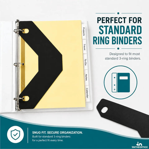 Slick Triangular Binder Sheet Lifters For Three Ring Binders placed in a binder, designed for standard 11x8.5 inch paper.