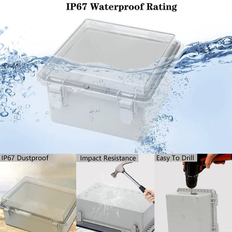 Image of IP67 Waterproof Junction Box With Hinged Clear Cover And Stainless Steel Latch Plastic Enclosure in water spray test.