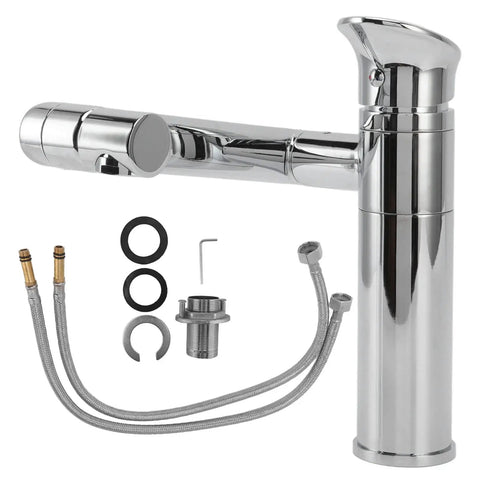 Maqulae Metal Basin Faucet with Hose, Single Hole Sink Tap for Kitchen with chrome finish and installation parts.