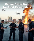First responders using Handheld Drone Detection And Tracking Kit With Remote ID Receiver For iOS And Android near a fire scene.