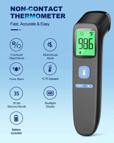 Non Contact Forehead Thermometer For Adults And Kids, Quick 1 Second Reading, Fast Accurate Temperature Check For Home Use, Hygienic No Contact Scan, Safe Family Friendly Tool, black