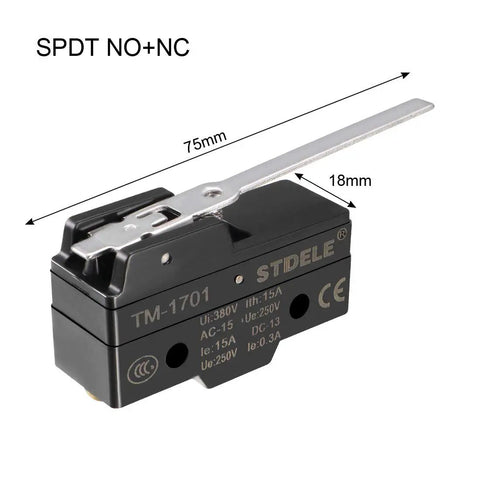 SPDT Micro Limit Switch With Long Hinge Lever, 1NO 1NC, Screw Terminals, For AC DC Control Circuits, IP40 Protection, Ui 380V Ith 15A