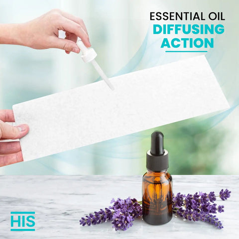 Person holding 4 By 12 Inch Home Air Vent Filter, bottle of essential oil in foreground, showcasing diffusing action.