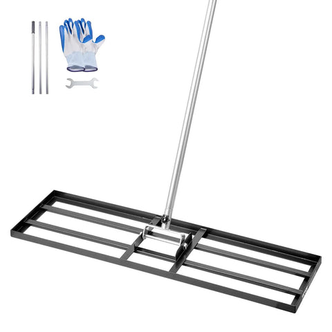 Lawn Leveling Rake With 83.9 Inch Handle And 36x10 Inch Ground Plate, Rust Resistant Carbon Steel, Adjustable 3 Heights, shown with accessories