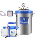 Front view of PBAUTOS 9-gallon vacuum chamber with blue lid and gauge, connected to a 1/3 HP single-stage vacuum pump.