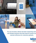 Tekmar universal temperature sensor 071 collage: wall touchscreen thermostat, tablet interface, and smartphone app.