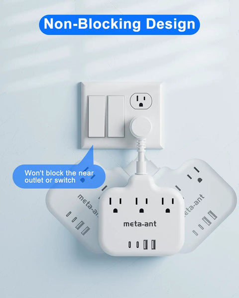 Flat Plug Extension Cord Three Inch Short Power Strip With Three AC Outlets And Four USB Ports Two USB A And Two USB C 1875W Fifteen Amp Non Surge Protection Must Have For Cruise Travel Dorm Kitchen White