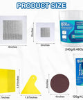 Drywall Repair Kit with Fast Dry Putty Tube and Large Jar, 2x2 and 4x4 Patch Mesh, Scrapers, Sandpapers shown with dimensions