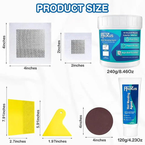 Drywall Repair Kit with Fast Dry Putty Tube and Large Jar, 2x2 and 4x4 Patch Mesh, Scrapers, Sandpapers shown with dimensions
