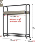 Heavy Duty Steel Fabric Storage Rack and Vinyl Roll Holder Cart with dimensions for storing wallpaper and material spools.