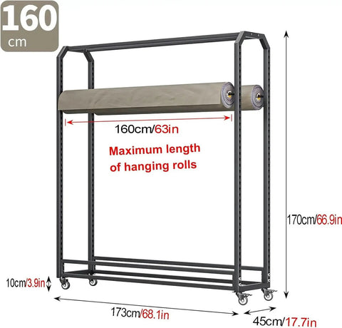 Heavy Duty Vinyl Roll Storage Rack And Steel Fabric Organizer For Wallpaper And Window Film Spools Built Tough With Rust Proof Black Paint Finish Designed To Handle Any Shop Gig Without Breaking A Sweat For Quick Setup, showing 160cm dimensions.