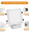 4 Pack 11 Inch Square Recessed LED Ceiling Downlights With Junction Box, Ultra Thin Canless Design, 3 Color Temperature Options