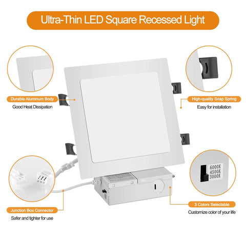 4 Pack 11 Inch Square Recessed LED Ceiling Downlights With Junction Box, Ultra Thin Canless Design, 3 Color Temperature Options