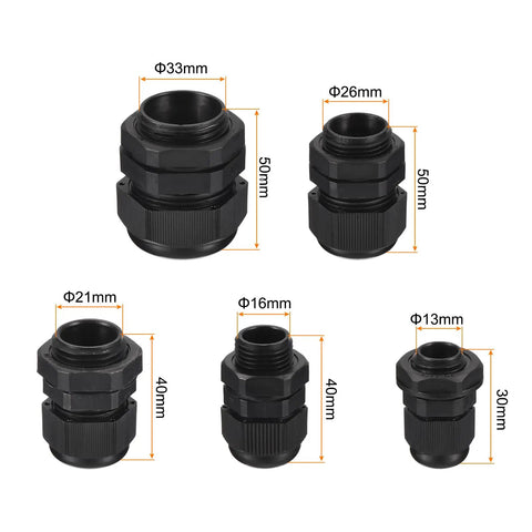 All Weather 20 Piece Pro Grade Cable Gland Kit With Adjustable Nylon Conduit Fittings, sizes 1/4, 3/8, 1/2, 3/4, 1 inch, Black