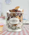 White Wire K Cup Storage Organizer For 35 Pods Space Saving Coffee Pod Holder on checkered counter in kitchen setting