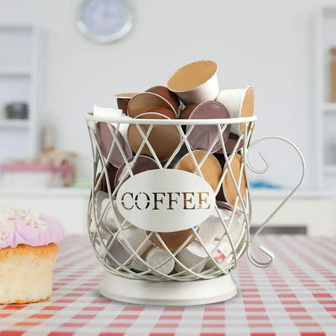 White Wire K Cup Storage Organizer For 35 Pods Space Saving Coffee Pod Holder on checkered counter in kitchen setting