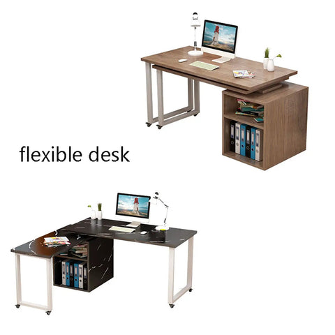 Polymorphic Computer Desk With Transformable Dual Workstation, Lacquered Steel Frame Legs, Easy Peasy Foldable Office Table, Built In Storage Shelves, Straight Up Game Changing Hustle Station, Sleek Black Finish, flexible design shown in two configurations.